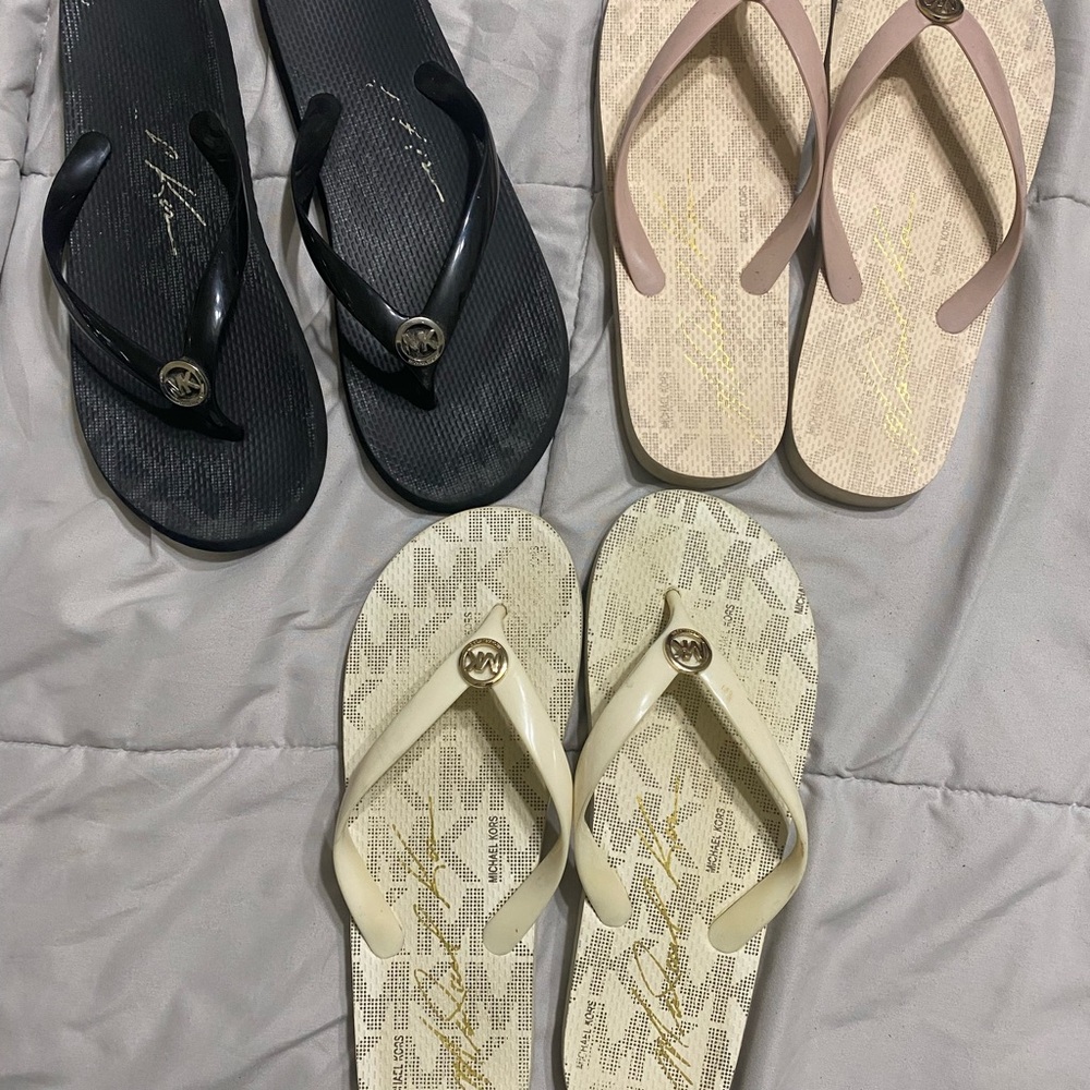 Michael Kors Black, Cream, and Pink Flip Flops